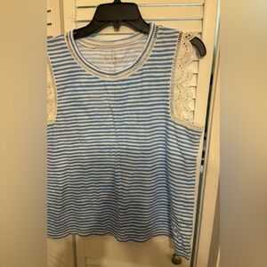Lilly Pulitzer Agee top in Zanzibar Blue Beach Happy Stripe with lace sleeve lL